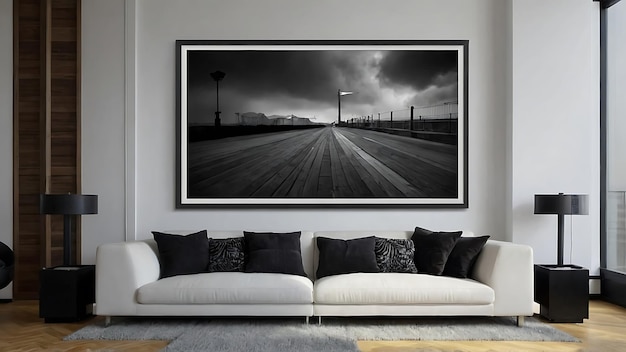 Intérieur du salon avec canapé blanc, table à café, fauteuils et affiche simulée