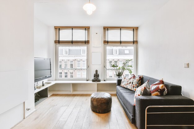 Intérieur du salon avec canapé confortable et tv contre les fenêtres dans un appartement contemporain