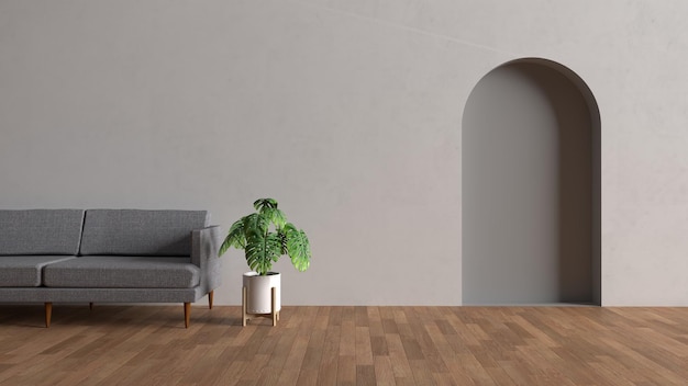 Intérieur du salon avec canapé en tissu plante en pot sur fond de mur blanc avec parquet