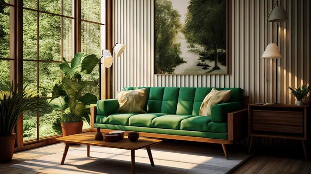 Intérieur du salon avec canapé vert et table basse avec lumière du soleil Design d'intérieur
