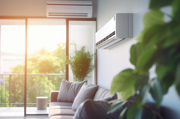 Intérieur du salon avec climatiseur Climatiseur de travail pour une température de confort dans la maison à l'air chaud de refroidissement d'été dans la pièce