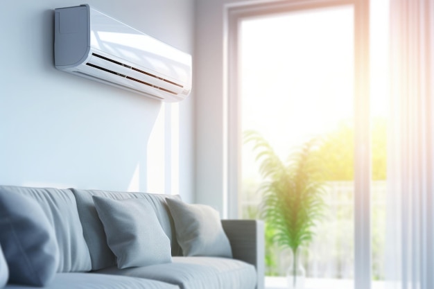 Intérieur du salon avec climatiseur Climatiseur de travail pour une température de confort dans la maison à l'air chaud de refroidissement d'été dans la pièce