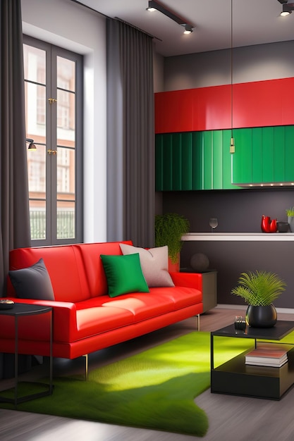 Intérieur du salon du grenier couleurs gris vert et rouge illustration générée par Ai