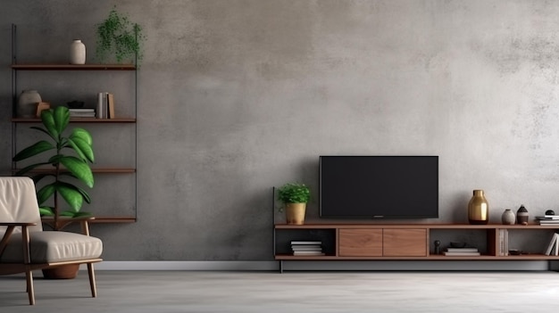 L'intérieur du salon est équipé d'un placard pour la télévision et d'un fauteuil en cuir dans une pièce en ciment avec un mur en béton.