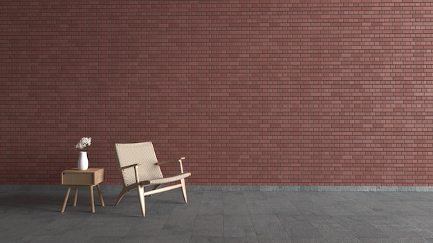 Intérieur du salon avec fauteuil en bois et table d'appoint sur fond de mur de briques rouges