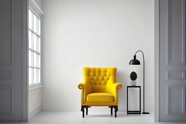 L'intérieur du salon a un fauteuil jaune sur fond de mur blanc vide grand espace vide