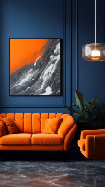 L'intérieur du salon avec fauteuil orange, café, vase tableratif et mur noir