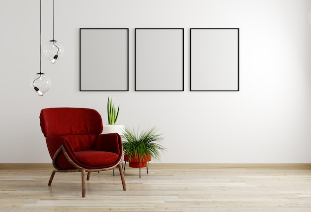 Intérieur du salon avec fauteuil rouge et fleur, fond de maquette de mur blanc, rendu 3D