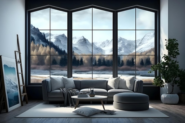 Intérieur du salon avec une grande fenêtre avec une belle vue sur la montagne