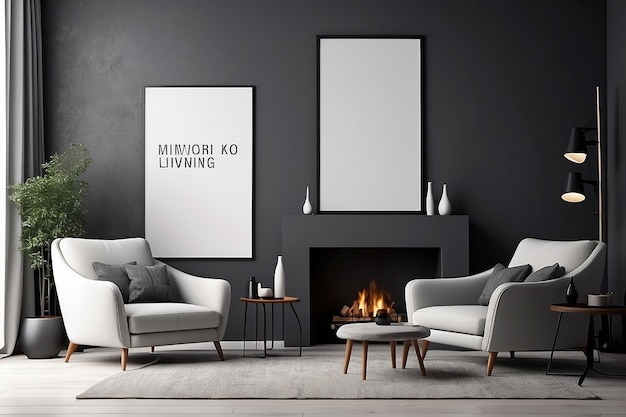 Intérieur du salon gris foncé avec une affiche verticale près d'un fauteuil blanc doux et d'une cheminée 3D