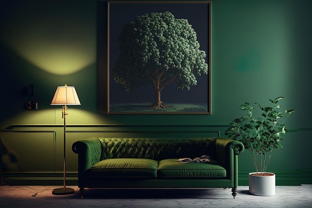 Intérieur du salon avec lampe de canapé et arbre en vert