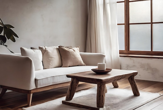 intérieur du salon d'une maison moderne canapé et table à café rustique rendu 3D