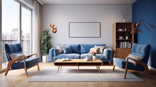 intérieur du salon moderne bleu et bleu avec un canapé 3D illustration rendu