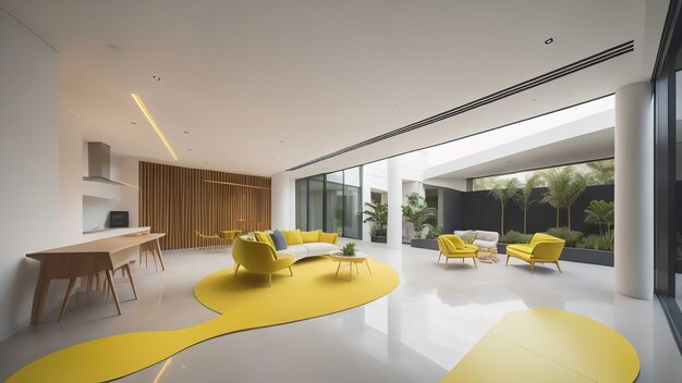 Photo intérieur du salon moderne avec canapé jaune et fauteuils jaunes