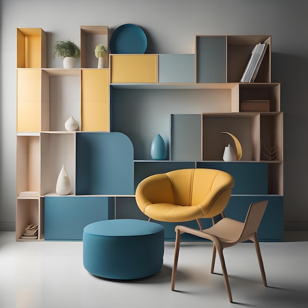 Intérieur du salon moderne avec étagère, fauteuil jaune et table basse générative ai