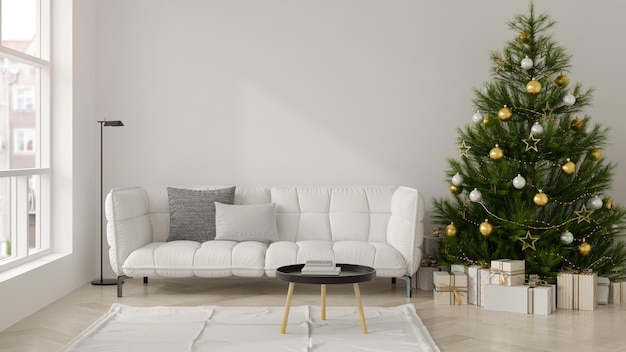 Intérieur du salon moderne avec rendu 3D de l'arbre de Noël
