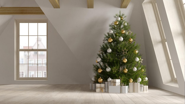 Intérieur du salon moderne avec rendu 3D de l'arbre de Noël