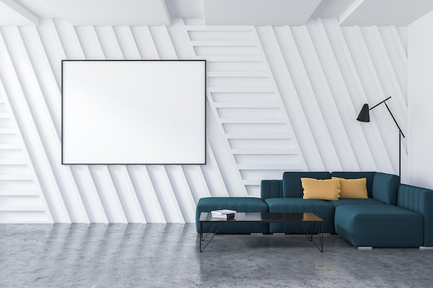 Intérieur du salon avec murs blancs, sol en béton, canapé bleu avec coussins debout près d'une table basse noire et affiche horizontale sur le mur. maquette de rendu 3d