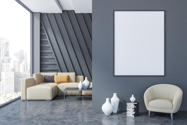 Intérieur du salon avec murs gris, sol en béton, canapé beige près d'une table basse noire et fauteuil beige avec affiche verticale au-dessus. maquette de rendu 3d