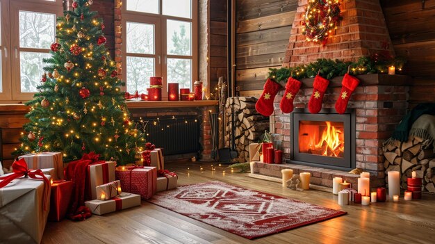 l'intérieur du salon de Noël avec des cadeaux de cheminée et un arbre de Noël
