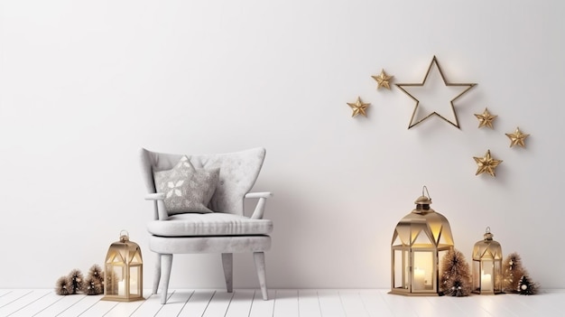 Intérieur du salon de Noël avec fauteuil en velours, étoiles et lanternes sur mur blanc