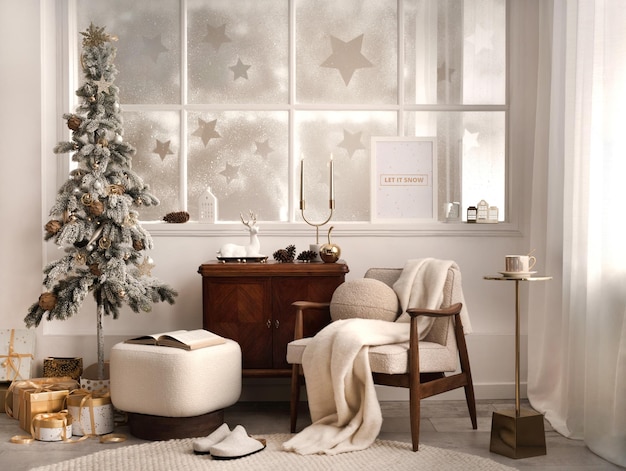 Intérieur du salon de Noël incroyable et confortable avec étagère boucle fauteuil pouf maquette affiche