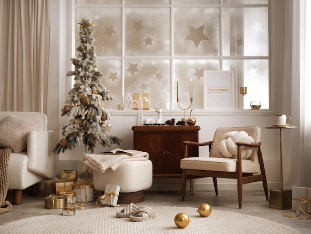 Intérieur du salon de Noël incroyable et confortable avec étagère boucle fauteuil pouf maquette affiche