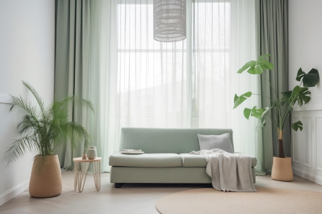 Intérieur du salon avec plantes et canapé près d'une table en bois