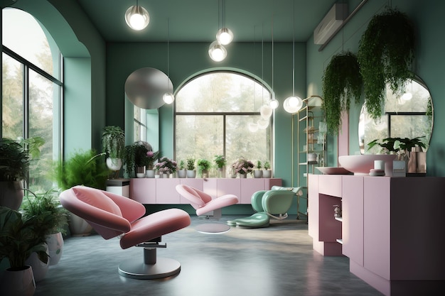 Intérieur du salon de spa en ai générative de couleur rose et verte