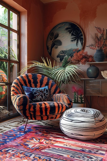 Photo intérieur du salon de style ethnique avec des meubles décorés de motifs d'animaux