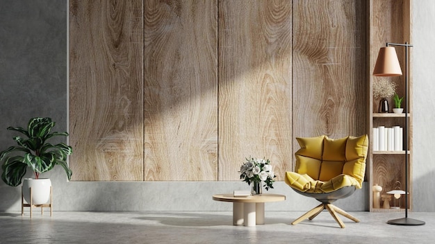 Intérieur Du Salon De Style Loft Avec Fauteuil Jaune Sur Fond De Mur En Bois Vide