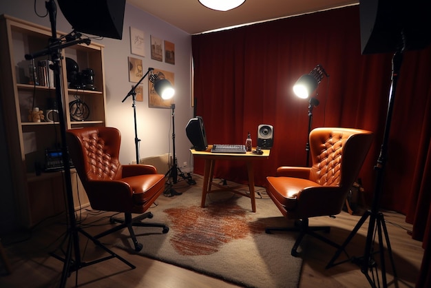 Intérieur du studio pour podcast et interview avec deux chaises