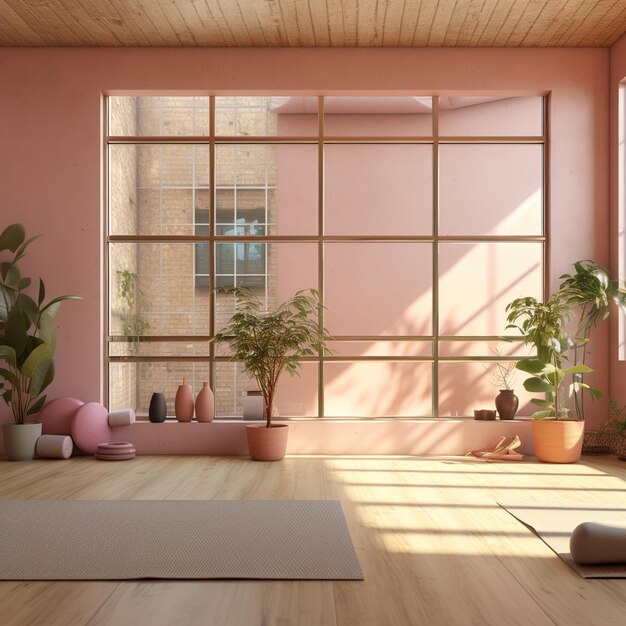 Intérieur du studio de yoga avec grandes fenêtres et plantes