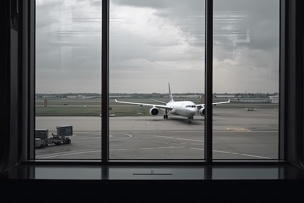 Intérieur du terminal de l'aéroport avec avion dans la fenêtre AI générative