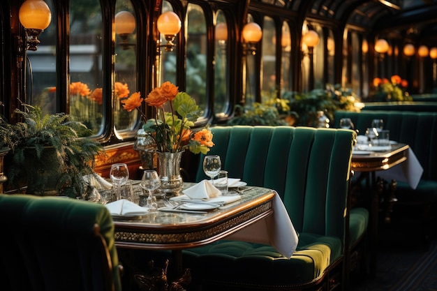 Intérieur du train de la salle à manger dans un style romantique avec une table à manger et un ensemble de salle à manger lumière naturelle et lumière d'une lampe Generative AI