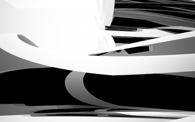 Intérieur dynamique abstrait avec des objets lisses noirs. Illustration et rendu 3D