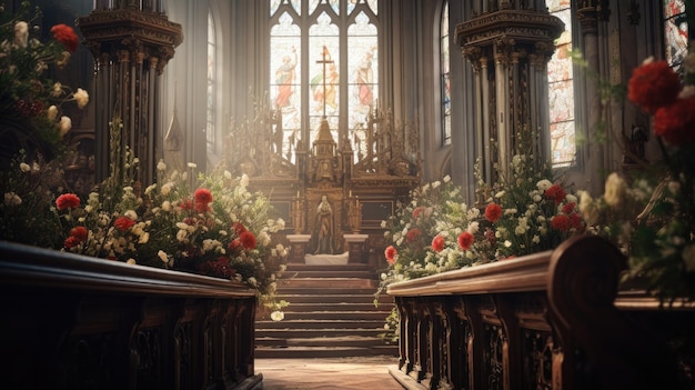 L'intérieur de l'église avec des bancs et des fleurs de Pâques