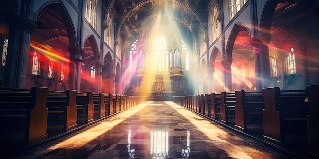 à l'intérieur d'une église avec une belle lumière du soleil dans le style de beeple