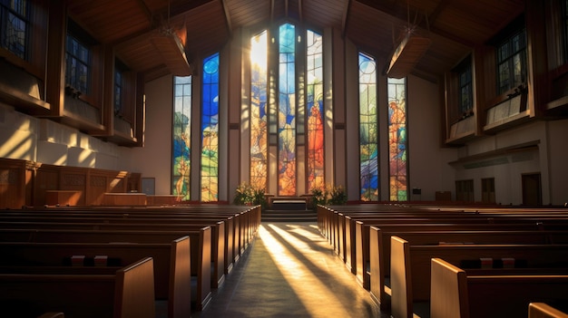 intérieur d'une église cathédrale avec vitraux et lumière ai