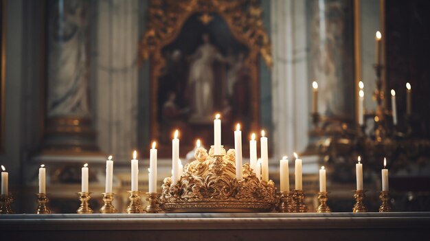 L'intérieur d'une église illuminée par des bougies rayonne