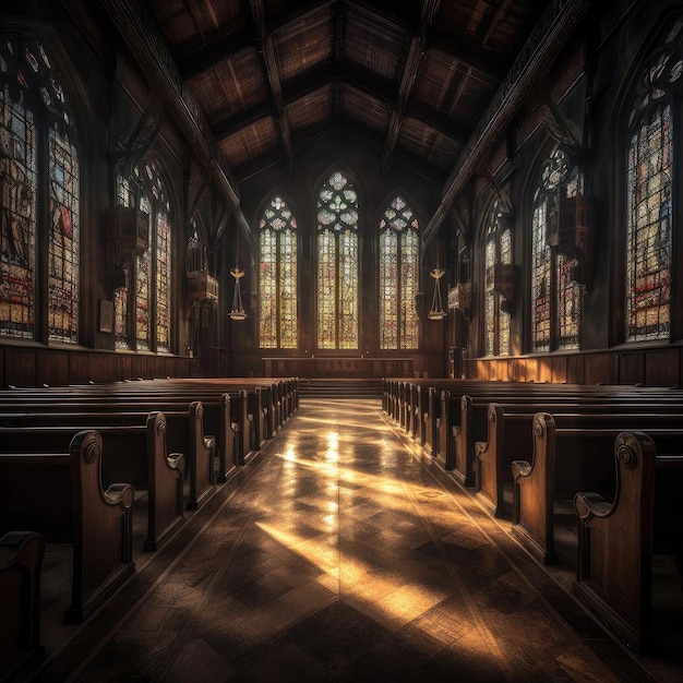 Intérieur d'une église avec la lumière du soleil qui brille à travers les vitraux