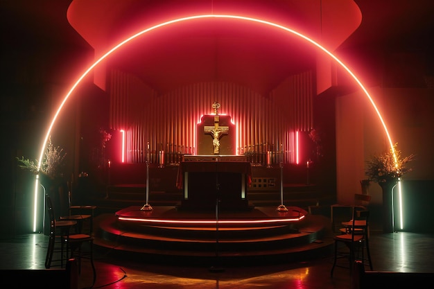 L'intérieur d'une église avec une lumière rouge et une lumière néon rouge