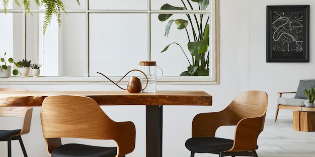 Intérieur élégant et botanique de la salle à manger avec table en bois artisanale design, chaises, beaucoup de plantes, fenêtre, carte d'affiche et accessoires élégants dans un décor moderne. Modèle.