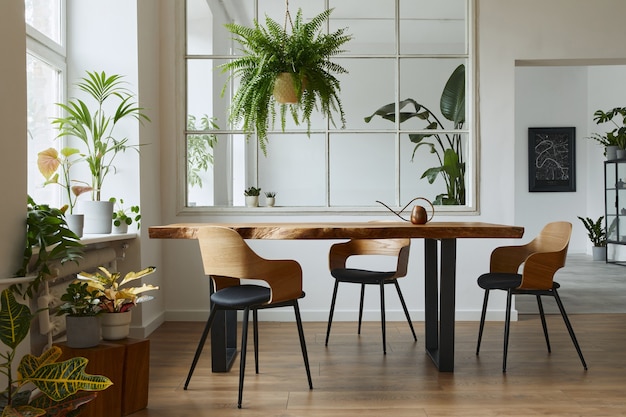 Intérieur élégant et botanique de la salle à manger avec table en bois d'artisanat design, chaises, un lof de plantes