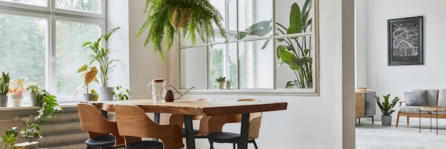 Intérieur élégant et botanique de la salle à manger avec table en bois, chaises, meubles, beaucoup de plantes, fenêtre, carte d'affiche et accessoires élégants dans un décor moderne. Modèle.