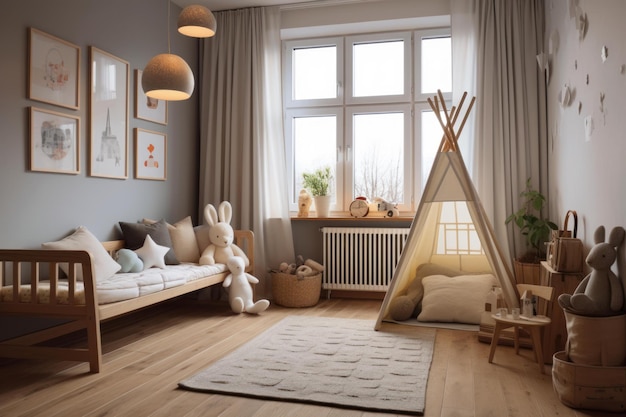 L'intérieur élégant de la chambre de la nourrice scandinave génère Ai