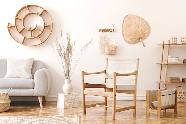 Intérieur élégant et confortable du salon avec des accessoires en rotin élégants, un fauteuil design, un canapé gris, des meubles, des plantes aériennes et une étagère en bois. Décor à la maison neutre.