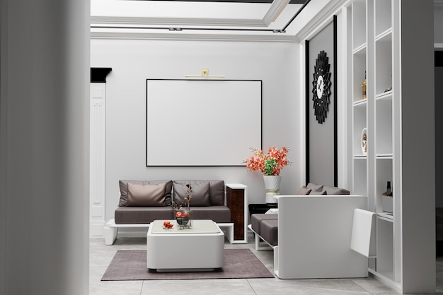 L'intérieur élégant du salon d'un appartement moderne avec un canapé-table et une maquette de cadre 3D