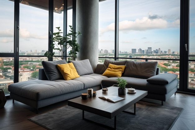 Intérieur élégant du salon avec canapé confortable et fenêtres panoramiques