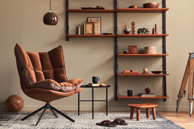 Intérieur élégant du salon avec fauteuil marron design, bibliothèque en bois, lampe à suspension, décor de tapis, cadres photo et accessoires personnels élégants dans un décor rétro moderne.